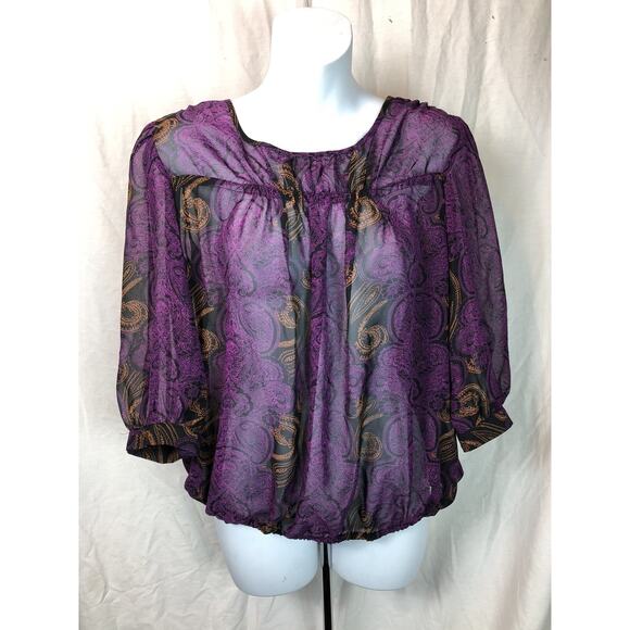 Vtg Chiffon Top M Purple/blk Geo 3/4 Balloon sleeves Boho Whimsigoth Fairy Y2K - Picture 5 of 5